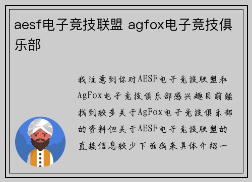 aesf电子竞技联盟 agfox电子竞技俱乐部